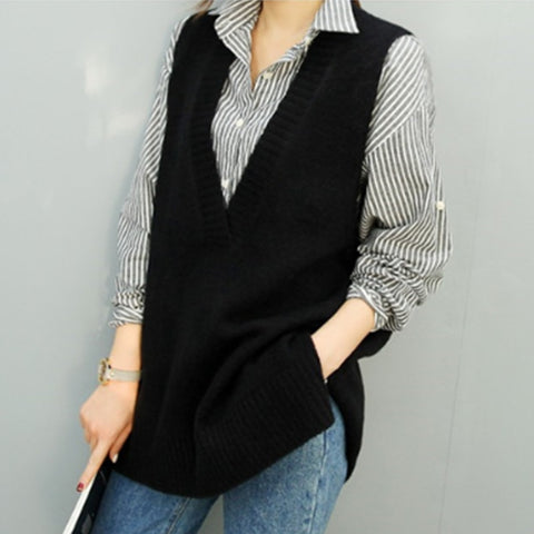 2023 spring and autumn new Korean version of loose and versatile knitted vest women's outer v-neck vest mid-length vest sweater