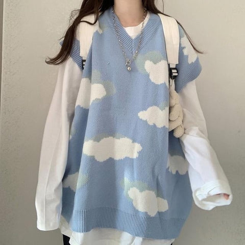 Sonicelife  Kawaii Cartoon Cloud Print Knitted Sweater Women  Korean Style Harajuku Blue Long Sleeve Oversize Jumper Female Winter
