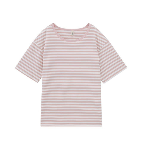 Sonicelife Toppies Casual Oversized  Striped T-shirts Round Neck Vintage Basic Tops Tees Woman Short Sleeve T-shirts Summer 2024