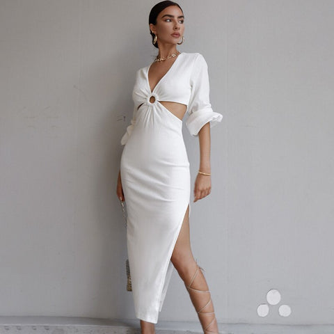 2023 New Women’s Long Dress Fashion Solid Color Long Sleeve Hollow Out Backless High Split Tight Dress Party Dress