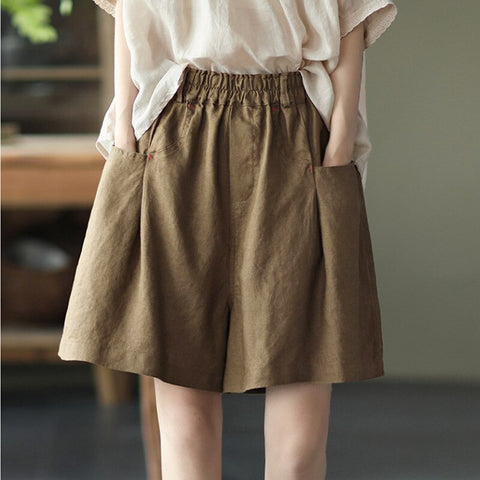 Sonicelife Summer New All-match Pure Linen High Waist Shorts Elastic Waist Loose and Thin Wide-leg Pants Casual Solid Color Shorts Woman