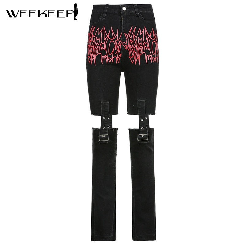 Sonicelife Weekeep Gothic Print Cut Out Blcak Jeans Women High Waist Denim Long Pants Summer Vintage 90S Harajuku Streetwear Punk Trousers