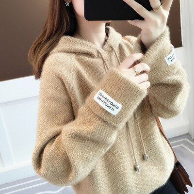 Women's Jumper 2023 New Spring Autumn One Size Hooded Long Sleeve Top Korean Fashion Loose Solid Color Lazy Wind Woman Sweater