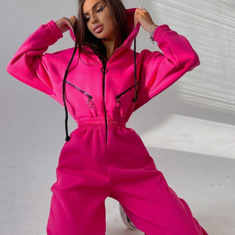 Sonicelife  Casual Women Basic Hoodie Jumpsuit Zipper Drawstring Overalls Fleece Lined Streetwear Tracksuit Solid Rompers One Piece Outfit