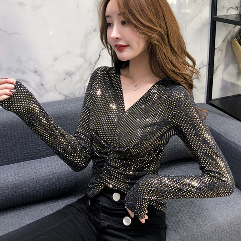 Black Friday Sonicelife Korean New Fashion Tight Women Tops And Blouses Long Sleeve Bright Sequins  Clothes Backing Slim Women Shirts