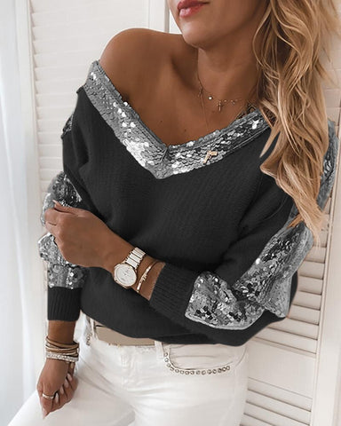 2023 Women Fashion Elegant Casual V Neck Fall Patchwork Long Sleeve Fluffy Sweater Sequins Fluffy Long Sleeve Sweater