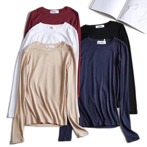 Sonicelife High Quality Plain T Shirt Women Cotton Knitted Slim Elastic Basic T-shirts Female Casual Tops Long Sleeve T-shirt Women 2024