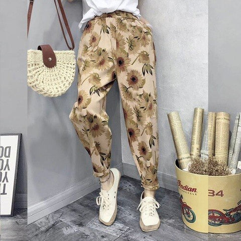 Sonicelife Women Harem Pants Cotton Linen Vintage High Waisted Trousers Spring Summer Loose Retro Floral Printed Wide Leg Pants Streetwear