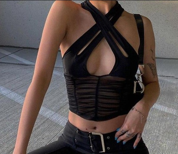 Y2K  Hollow Women Halter Tank Tops Sleeveless Ruched Patchwork  Mesh Camisole  Clubwear Fashion Solid Vest Outfit