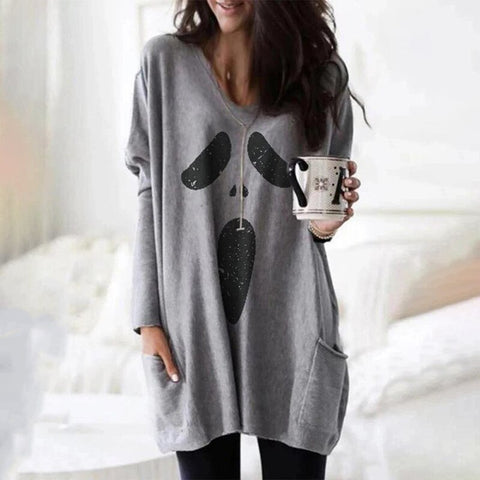 Sonicelife 2023 Women Autumn Fashion V-Neck Long Sleeve Halloween Ghost Print Pockets Design Top Casual Loose Blouse Oversized T-Shirts New