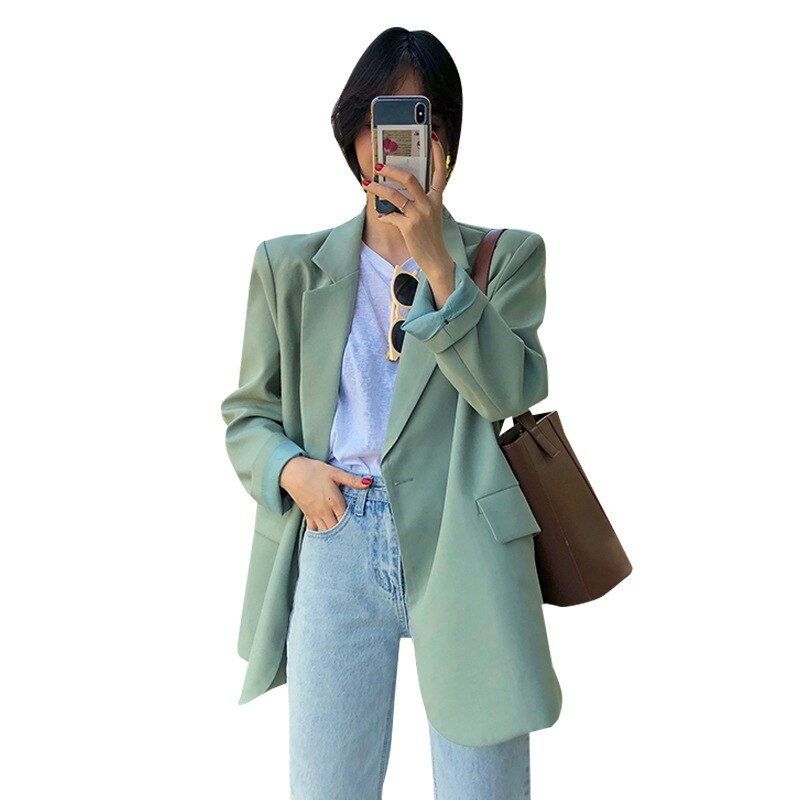 Sonicelife Women's Jackets Spring 2024 New Korean Style Loose Temperament Suit Blazer Casual Light Green One Button Female Suit Jacket