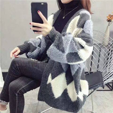 Sonicelife Knitted Cardigan for Women 2024 Korean Fashion Elegant Casual Plaid V-Neck Sweater Women's Knitted Jacket Sweaters Oversize