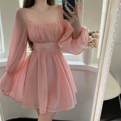 Sonicelife hoco dresses  Pink Sweet Elegant Princess Dress Women Casual Korean Slim Long Sleeve Fairy Dress Female Backless Design Vintage Dress  New