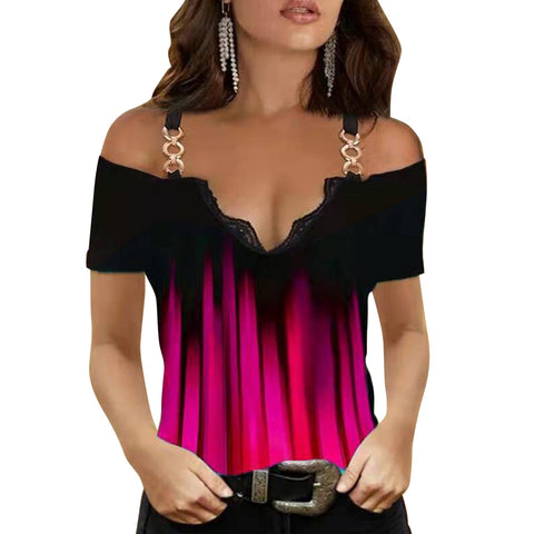 Sonicelife Women T Shirt Gradient Print Hollow Out Short Sleeve Cold Shoulder Tops Women Chain Spaghetti Strap Cold Shoulder T-shirt D30