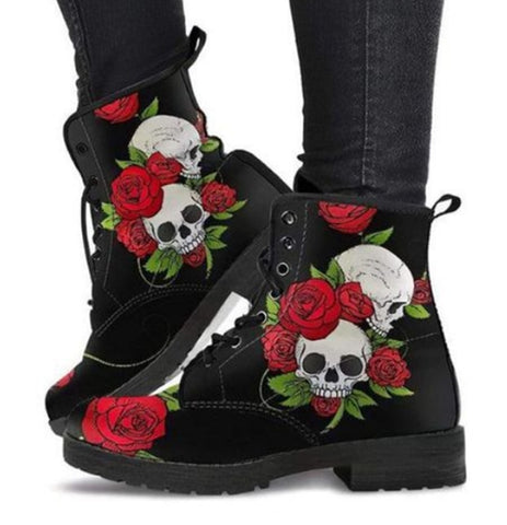 Sonicelife  Women's Ankle Boots Skull Print Ladies Short Booties For Women 2022 Low Heel Lace Up New Punk Fashion Footwear Botas De Mujer