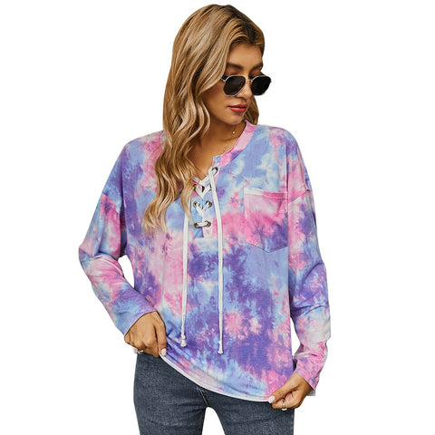 Sonicelife Sale Women Tie Dye Print T-shirt Long Sleeve Loose Tops for Women  Autumn Cross Bandage Casual Basic Tops Female Pullovers D30