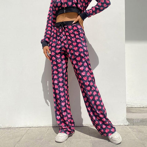 Weekeep Pink New Cute Heart Velvet Straight Trousers Streetwear Women Lace Up High Waist Baggy Pants Autumn Casual Sporty Jogger