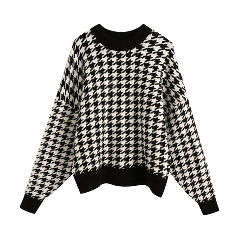 Women's Sweater Oversize Plaid Long Sleeve Top Pullovers Houndstooth O Neck Knitted Sweaters Autumn Winter Women's Jumper
