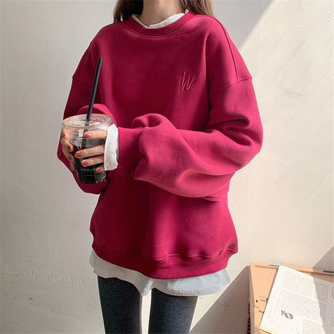 Sonicelife Crewneck Letter Embroidery Long Sleeves Sweatshirt Women Harajuku Hoodie Korean Solid Color Fashion Oversize Tops Women Clothing