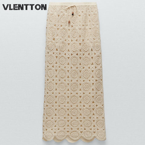 New Ladies Hollow Out Solid Color Skirts Elastic Waist Crocheted Skirt With Drawstring Women Faldas
