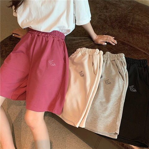 Sonicelife Wide Women's Short Pants Summer Embroidery Harajuku Sport Shorts Smart Elastic Waist Plus Size Loose Casual Shorts for Women
