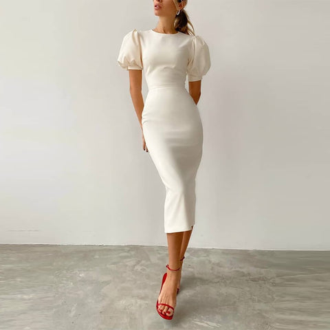 Sonicelife White O-Neck Puff Sleeve Office Lady Dress Summer High Waist Tight Dress Simple Elegant Party Women's Dress