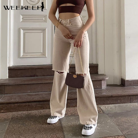 Sonicelife Weekeep Streetwear Ripped Straight Jeans Women High Waist Loose Hollow Out Hole Denim Pants Summer Casual Harajuku New Aesthetic