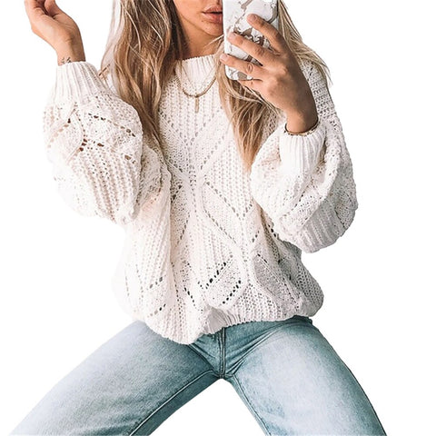 Sonicelife Lantern Sleeve Knitted Sweater for Women Pullover Casual Round Neck Hollow Out Sweater Female Tops Solid Irregular Clothing