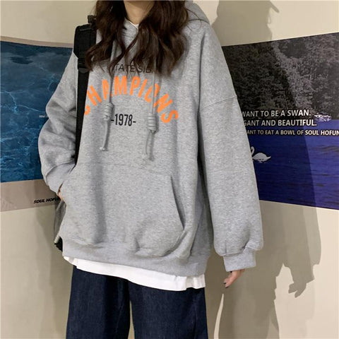 Sonicelife Hoodies Women 2024 New Loose Korean Student Blouse Harajuku Style Printing Plus Cashmere Hooded Woman Clothes Ladies Pullovers