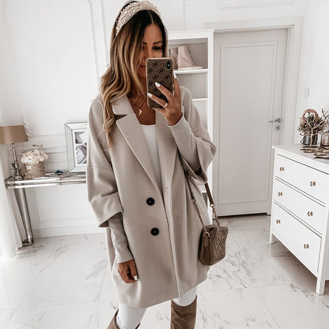Sonicelife Women Autumn Loose Woolen Blends Coats Winter Casual Three Quarter Sleeve Single Breasted Coat Outwear Loose 2XL Long Overcoats