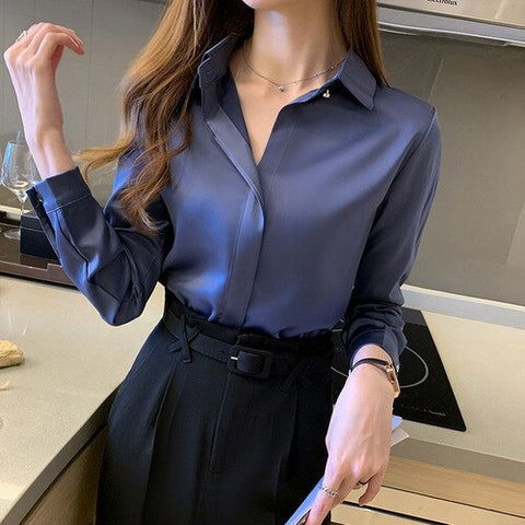2023 New Summer Fashion Woman Blouses Office Lady Long Sleeve Elegant Blouse Satin Silk Tops Plus Size Woman Basic Shirt