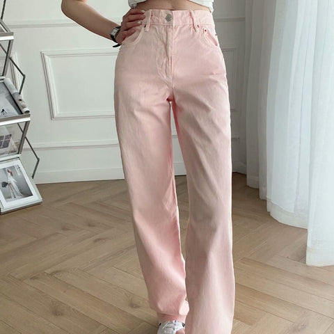 Sonicelife 2023  Autumn new Women Vintage Blue Pink Denim Trousers Casual Solid Pockets High Waist Straight Jeans Pants Ladies Mujer