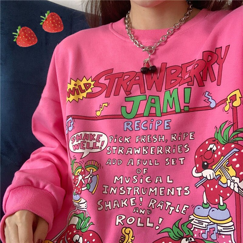 Sonicelife Harajuku Oversized Strawberry Print Hoodie Women O Neck Loose Vintage Clothes Top Streetwear Sweatshirts Graphic Cute Pullover