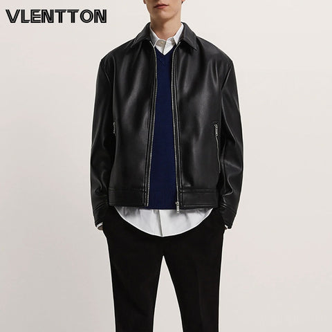 2023 Spring Autumn Men Faux Leather Jacket Motorcycle Lapel Jackets Black Outwear Male PU Leather Coats Mens