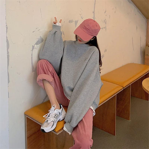 Sonicelife Crewneck Letter Embroidery Long Sleeves Sweatshirt Women Harajuku Hoodie Korean Solid Color Fashion Oversize Tops Women Clothing