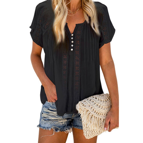 Sonicelife Women Hollow Out Short Sleeve Blouse Elegant V-Neck Loose Solid Casual Blouses Tops Female Office Ladies Pullover Clothes D30