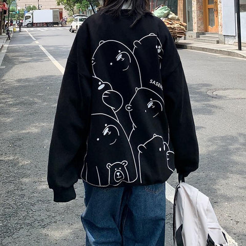 Sonicelife Women's Sweatshirt Spring 2024 Kpop Loose Long-Sleeved Coat Student Cartoon Print Top Harajuku Style Female Jacket Bluza Damska