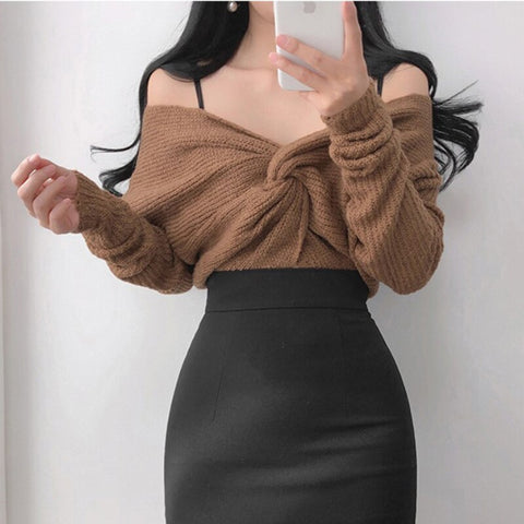Sonicelife Elegant Solid Front Cross Chest Sweater Women  Off Shoulder Long Sleeve Loose Jumpers Korean Street Style Casual Top