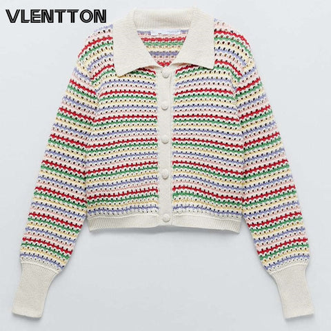2023 Spring Autumn Women Cardigan Sweater Fashion Multicolor Stripe Knitted Vintage Long Sleeve Female Outerwear Chic Tops