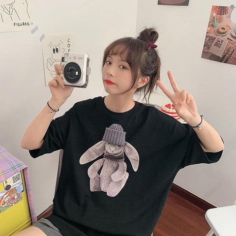 Sonicelife Korean Style Loose Crew Neck T Shirt Summer Top for Women 2024 Trend Clothes Harajuku Bear Short Sleeve Tees Girl Cute Pullover