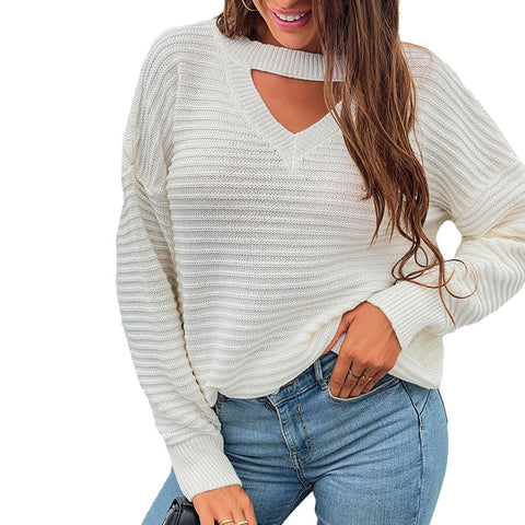 Sonicelife Knitted Solid Women's Hollow Out V Neck Knitwear 2024 Autumn Long Sleeve Sweater Pullovers Office Ladies  Fashion Work Tops