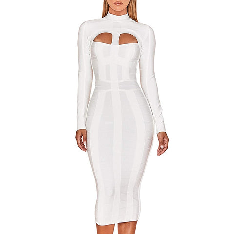 Sonicelife Women White Bandage Dress Bodycon 2023 New Arrivals  Cut Out High Neck Long Sleeve Party Rayon Bandage Midi Dress