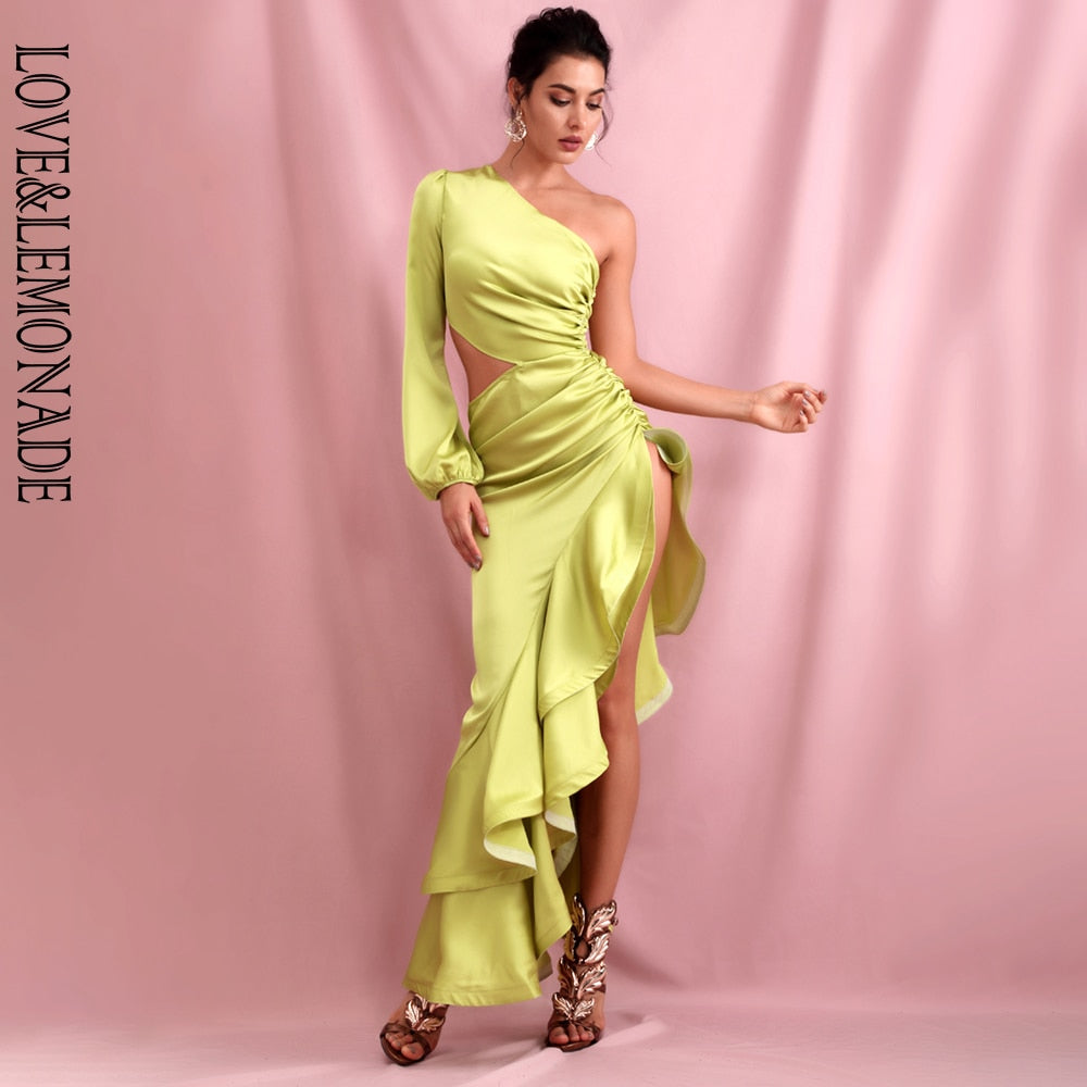 LOVE&LEMONADE  Green Off-Shoulder Side Whit Split Cut Out Ruffled Long Sleeve Maxi Dress LM82202-1