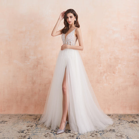 Sonicelife V Neck Wedding Dress White Ivory  High Splits Beaded Beading Pearls Crystal A Line Backless Bridal Gown Vestido De Noiva