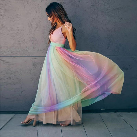 Sonicelife 2024 New Sexy Long Dress Women Summer Clothes High Waist Sling Deep V-neck Rainbow Mesh Party Beach Dresses Women Streetwear Vestidos