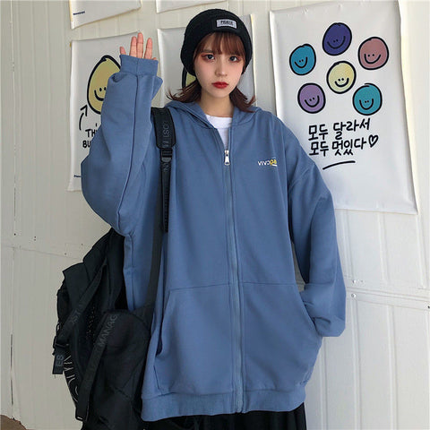 Sonicelife Vintage Zip Up Hoodie Oversized Harajuku Couple Streetwear Women Plus Size Loose Hooded Clothes Casual Thin Sweatshirts Pullover
