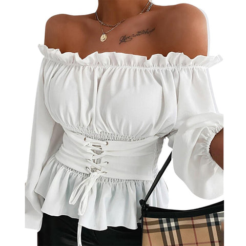 Sonicelife Trizchlor Off Shoulder Lace-up Front Ruffles Sweet Blouse Spring Top and Blouses  Slash Neck Long Sleeve Fall Blusas Mujer De Moda D30