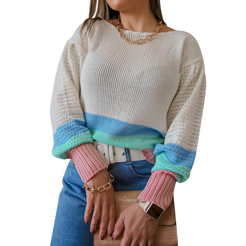 Sonicelife Casual Classic Women Long Sleeve Round Neck Sweater Knitted Colorblock Patchwork Spring Autumn Loose Jumper Warm Ladies Pullover