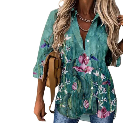 Women Floral Print Turn-down Collar T-Shirts Casual Long Sleeve Tops Streetwear Tee Spring Female Loose Pullovers Tops Autumn