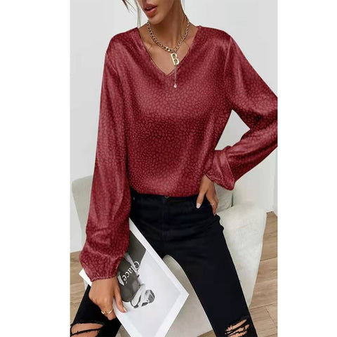 Sonicelife  Women Dot Print Blouse V Neck Long Sleeves Apricot Jacquard Office Women Casual Tops 2023 Spring Summer Solid Blouses
